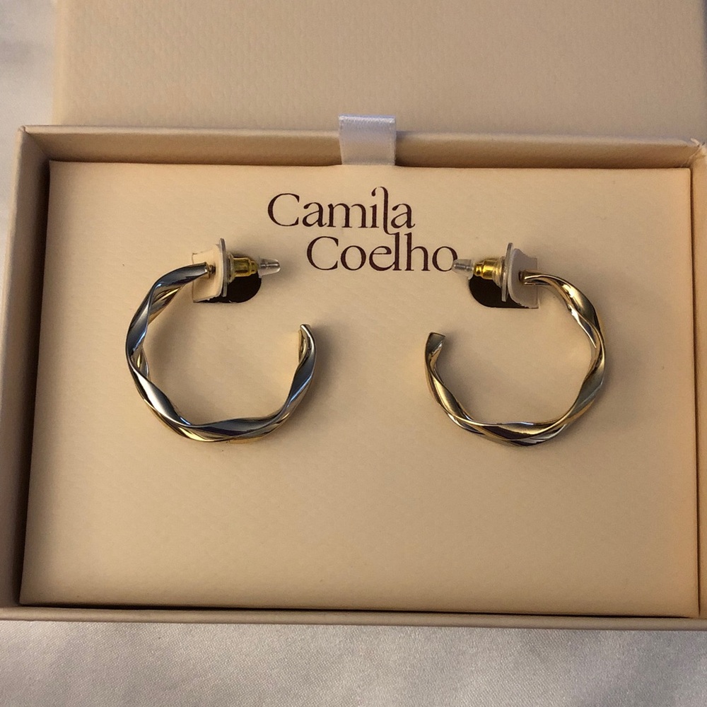 Camila Coelho Polished Two Tone Wavy Interlocking C-Shaped Hoop Earrings NIB